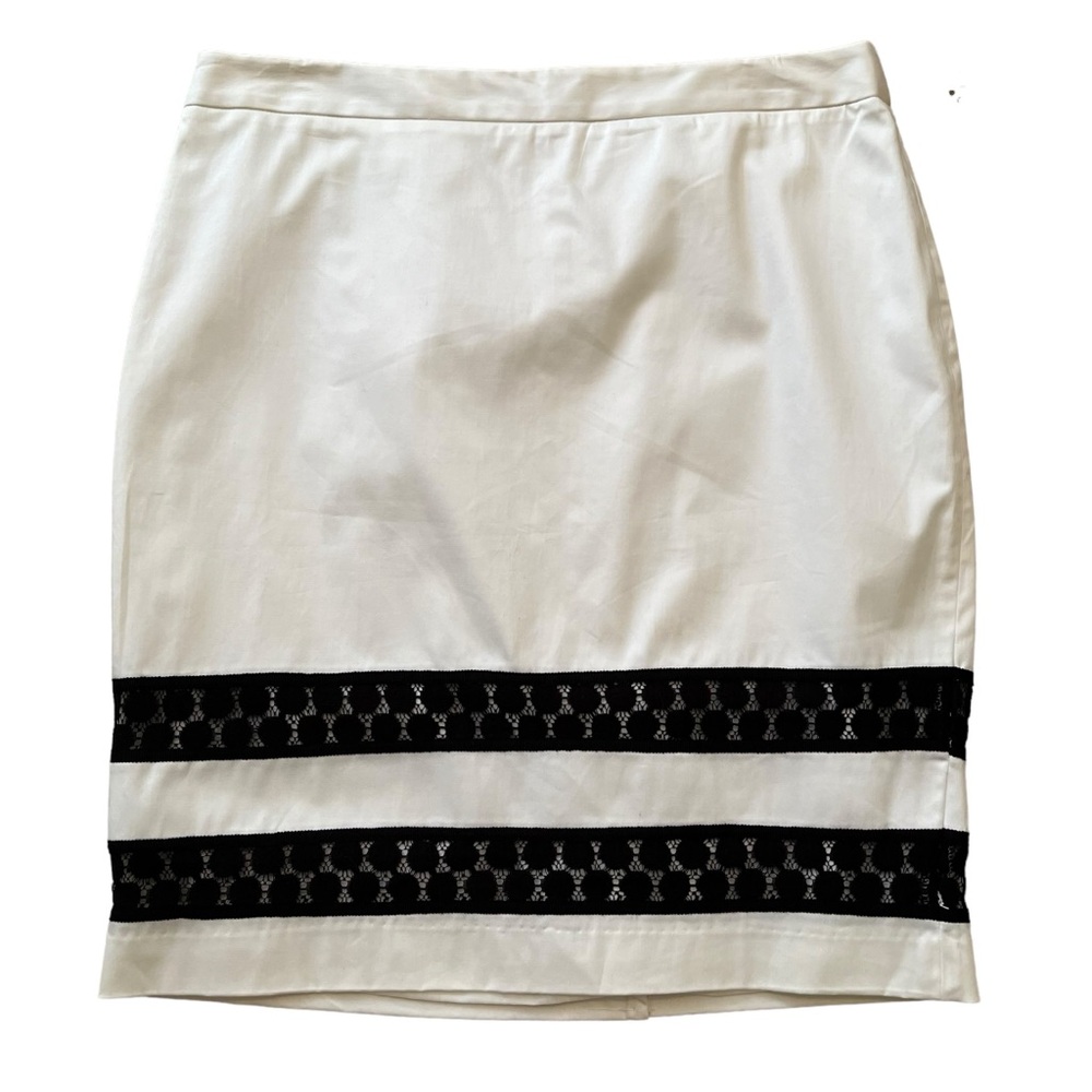 Charter Club White Stretch Cotton Pencil Skirt with Black Lace Trim 14